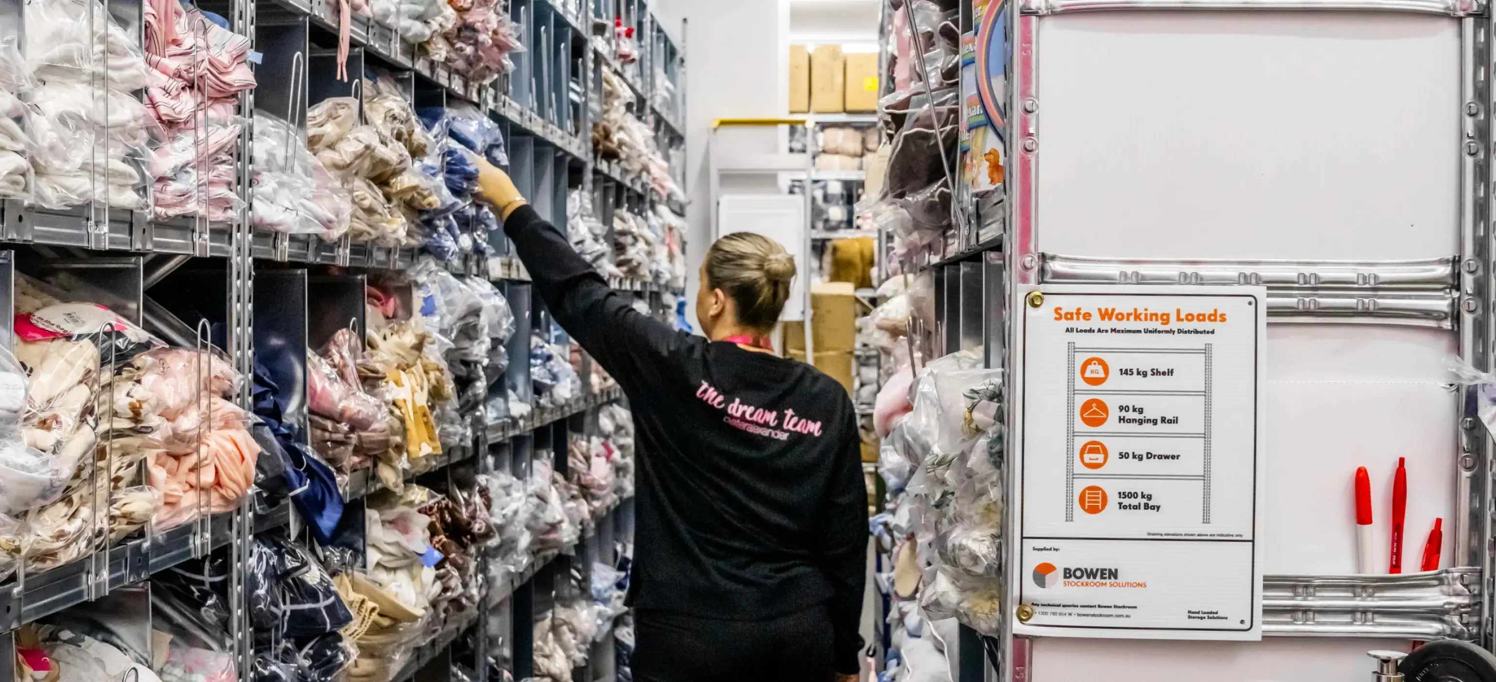 Stockroom shelving system for organised storage of apparel and accessories with safe load compliance
